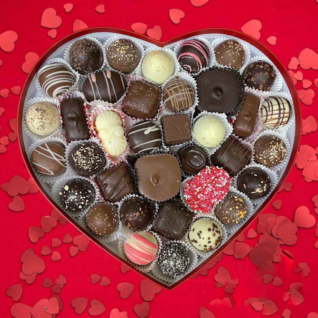 Valentine’s Heart Filled with Gourmet Chocolate - Sweeties Candy Cottage