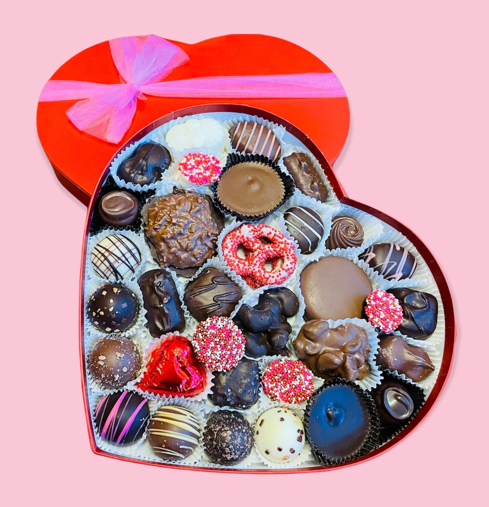 Valentine’s Heart Filled with Gourmet Chocolate - Sweeties Candy Cottage